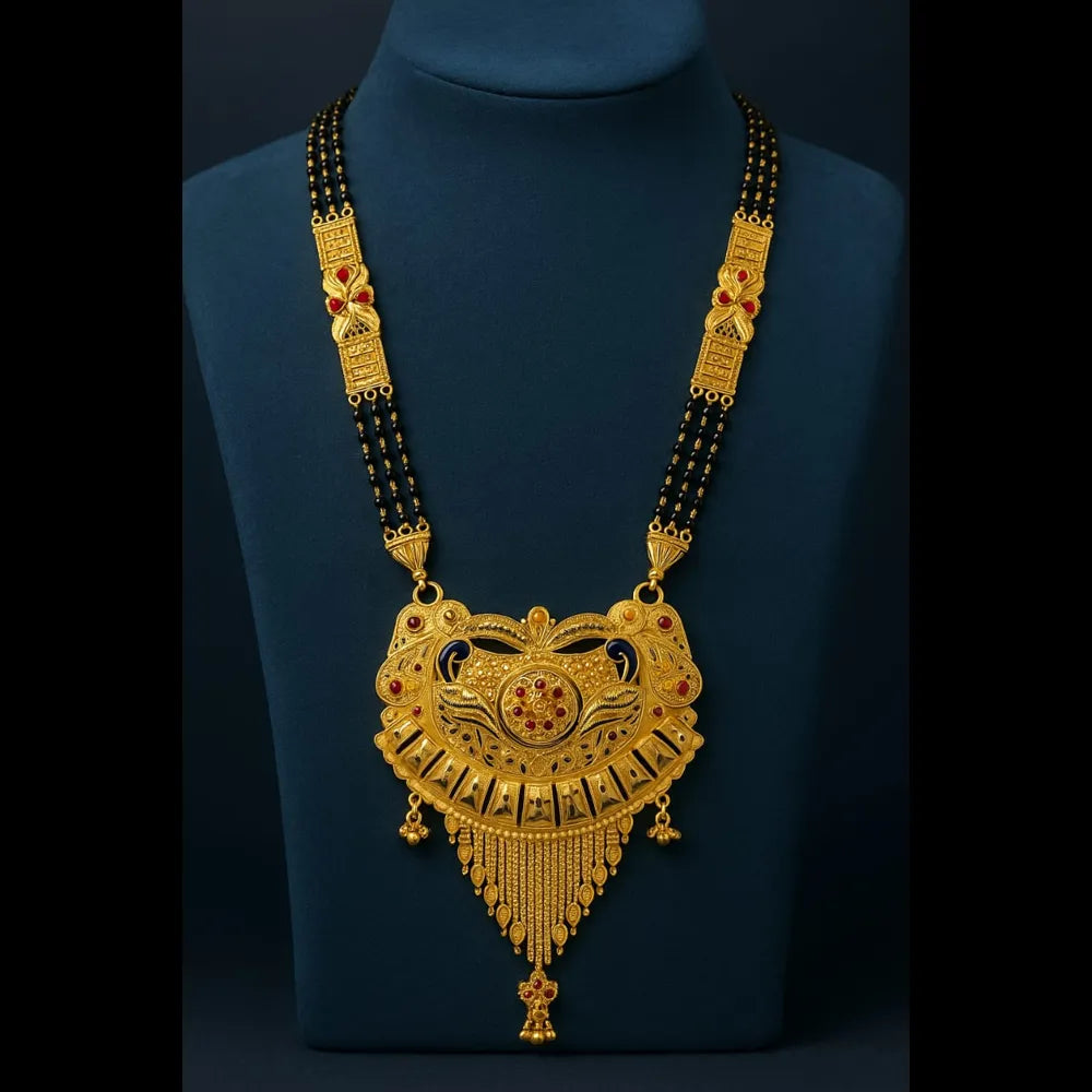Royal Long Handmade One Gram Gold Finish Mangalsutra Necklace – 4 Line Black Beads