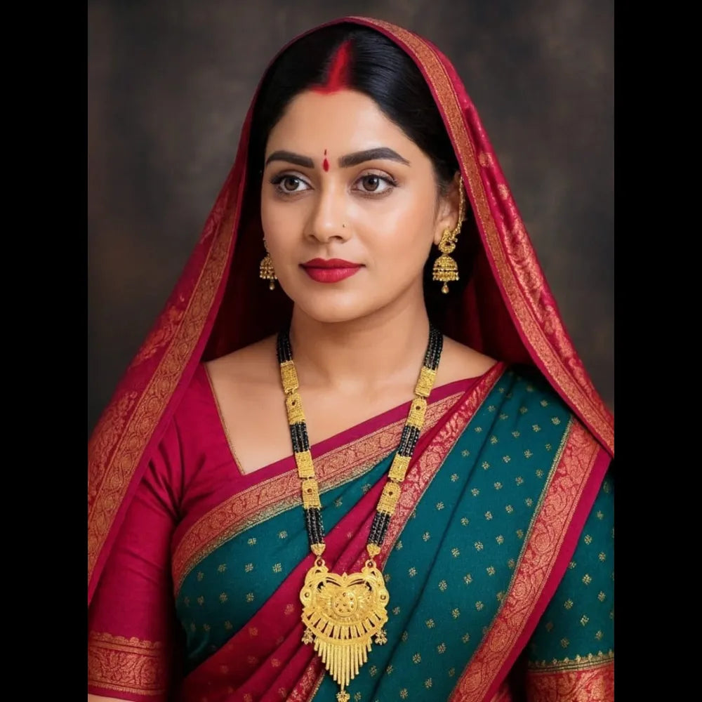 Royal Long Handmade One Gram Gold Finish Mangalsutra Necklace – 4 Line Black Beads