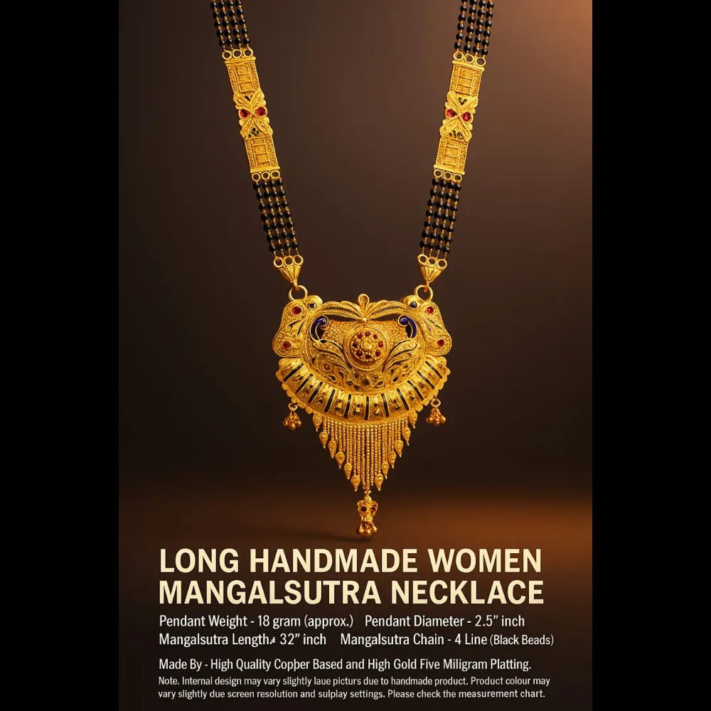 Royal Long Handmade One Gram Gold Finish Mangalsutra Necklace – 4 Line Black Beads
