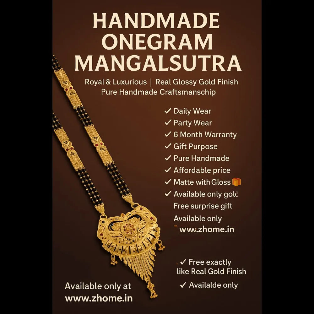 Royal Long Handmade One Gram Gold Finish Mangalsutra Necklace – 4 Line Black Beads