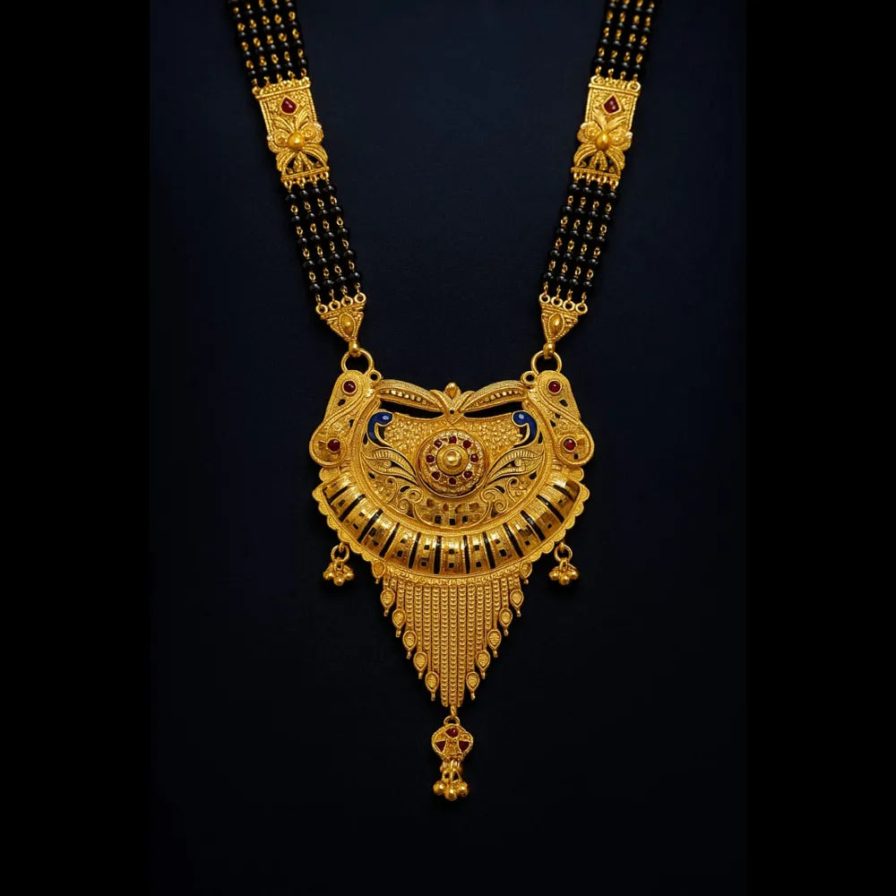 Royal Long Handmade One Gram Gold Finish Mangalsutra Necklace – 4 Line Black Beads