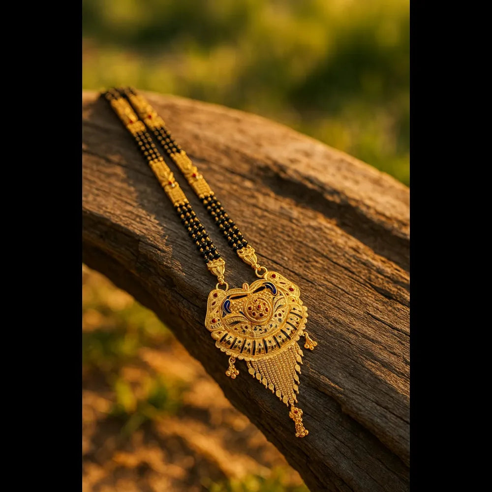 Royal Long Handmade One Gram Gold Finish Mangalsutra Necklace – 4 Line Black Beads