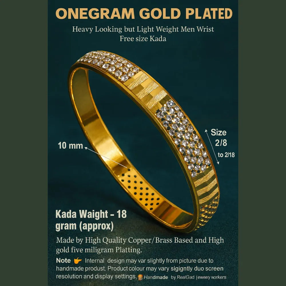 Men’s One Gram Gold Plated Kada – Premium CZ Stone, Heavy Look Lightweight Design (Free Size)