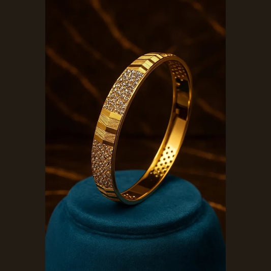 Men’s One Gram Gold Plated Kada – Premium CZ Stone, Heavy Look Lightweight Design (Free Size)