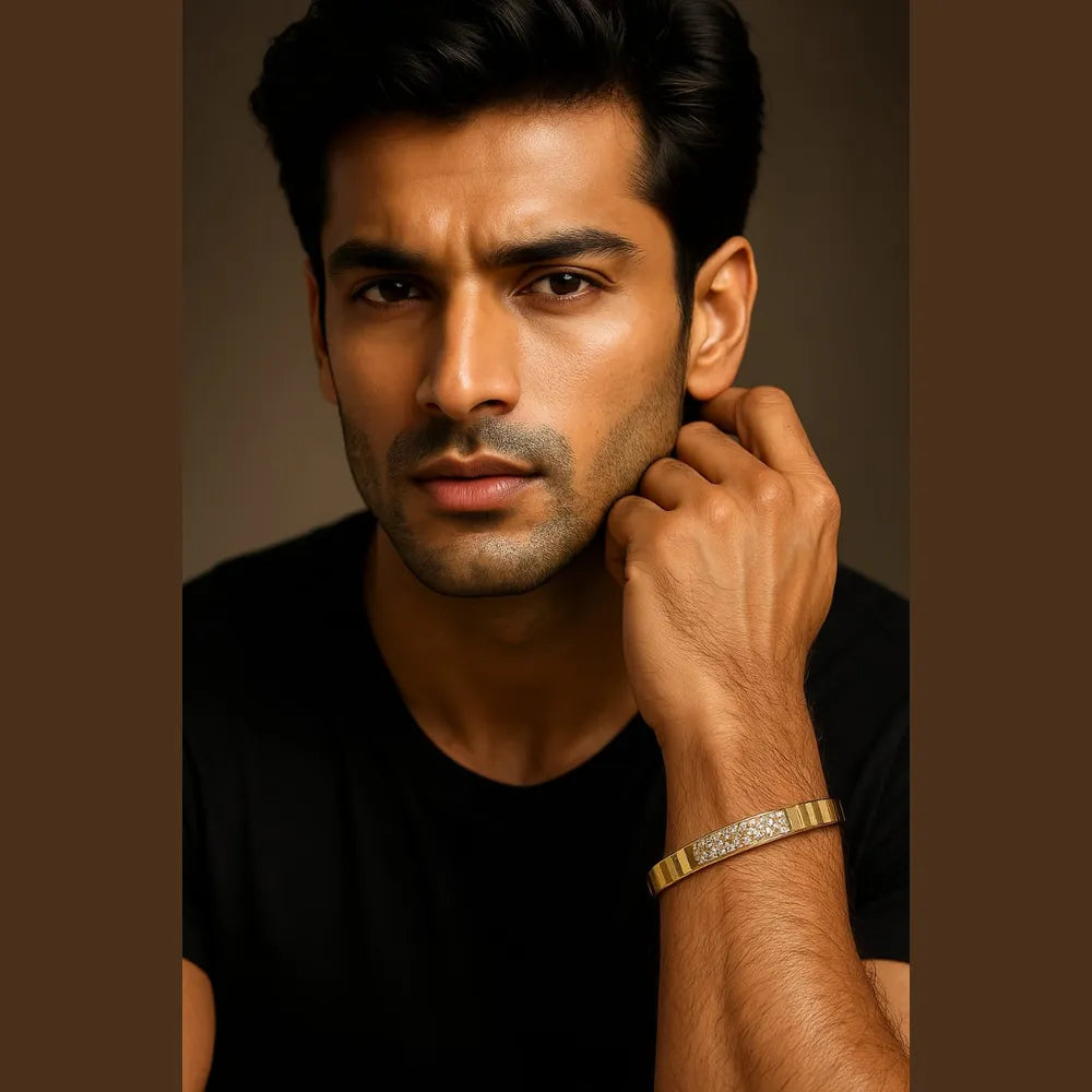 Men’s One Gram Gold Plated Kada – Premium CZ Stone, Heavy Look Lightweight Design (Free Size)