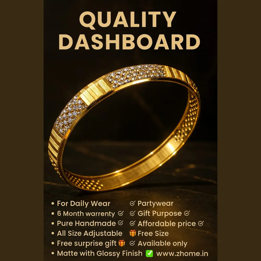 Men’s One Gram Gold Plated Kada – Premium CZ Stone, Heavy Look Lightweight Design (Free Size)