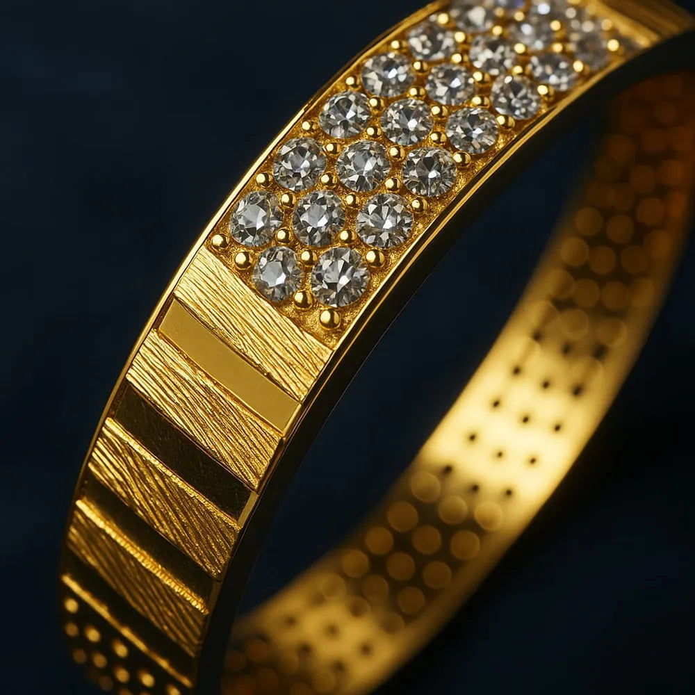 Men’s One Gram Gold Plated Kada – Premium CZ Stone, Heavy Look Lightweight Design (Free Size)