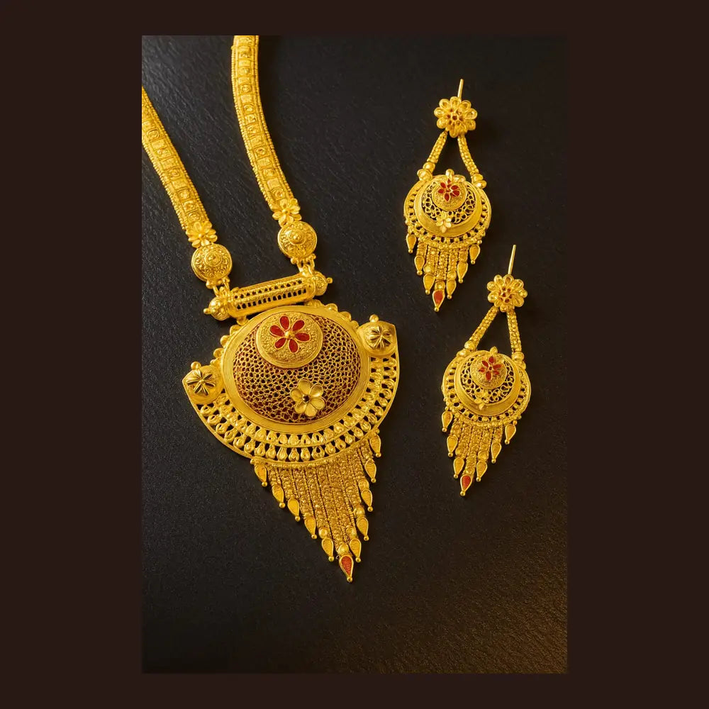 ZHome One Gram Premium Temple Long Necklace Set with Earrings – Gold Finish