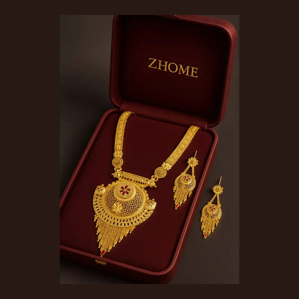 ZHome One Gram Premium Temple Long Necklace Set with Earrings – Gold Finish