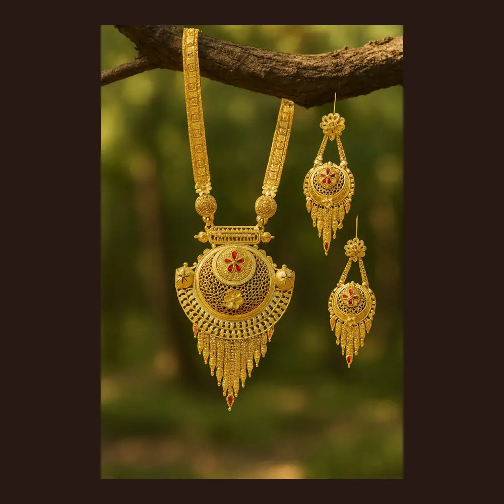 ZHome One Gram Premium Temple Long Necklace Set with Earrings – Gold Finish