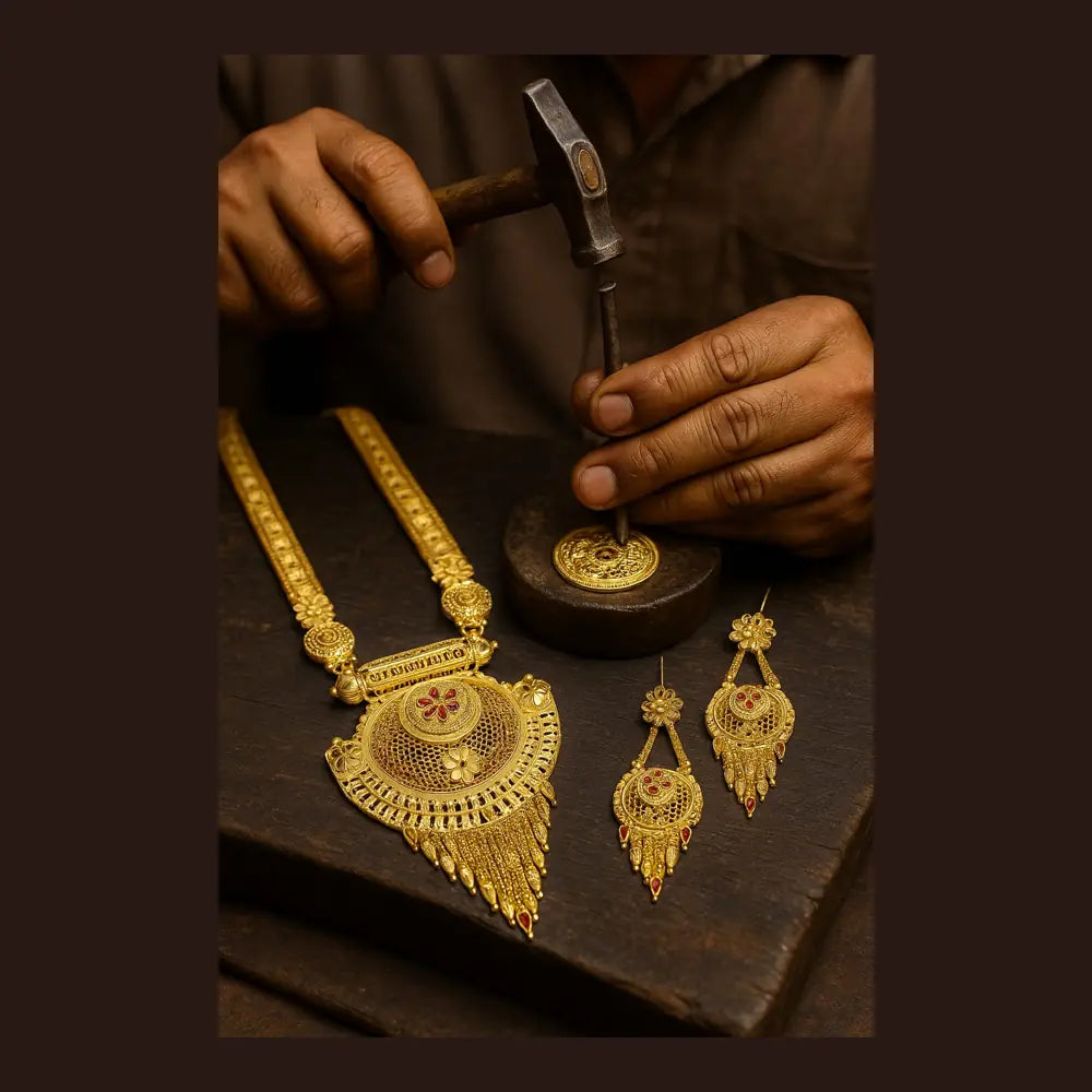 ZHome One Gram Premium Temple Long Necklace Set with Earrings – Gold Finish