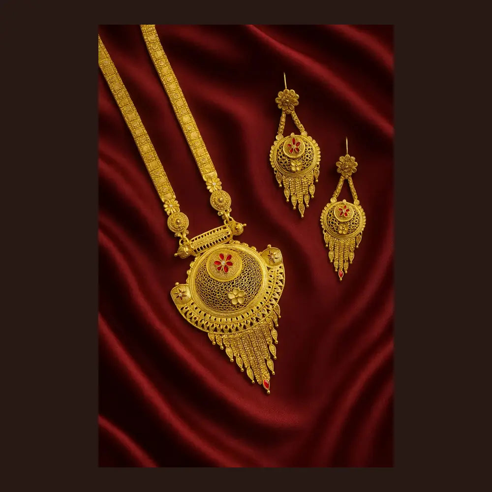 ZHome One Gram Premium Temple Long Necklace Set with Earrings – Gold Finish
