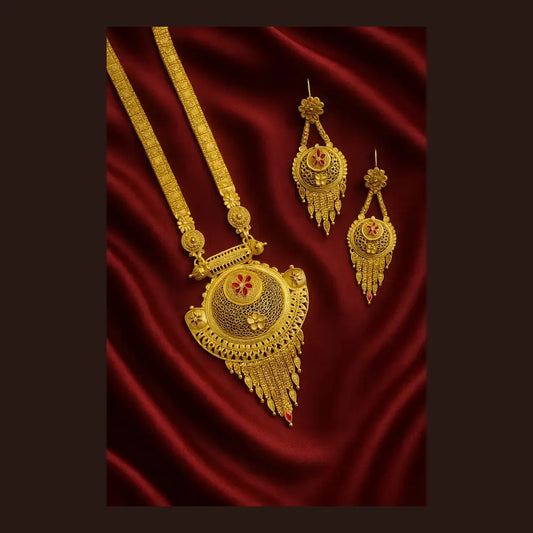 ZHome One Gram Premium Temple Long Necklace Set with Earrings – Gold Finish