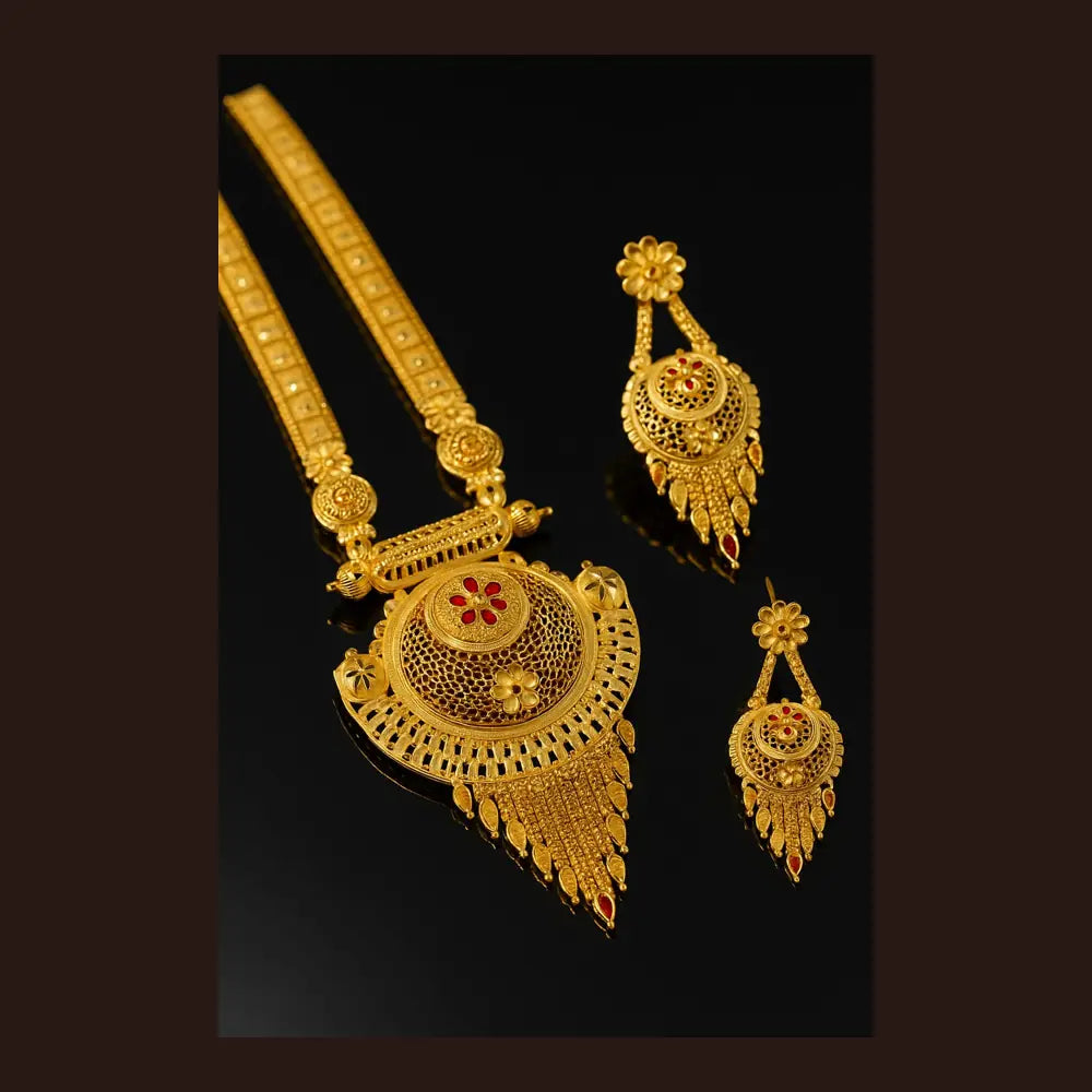 ZHome One Gram Premium Temple Long Necklace Set with Earrings – Gold Finish