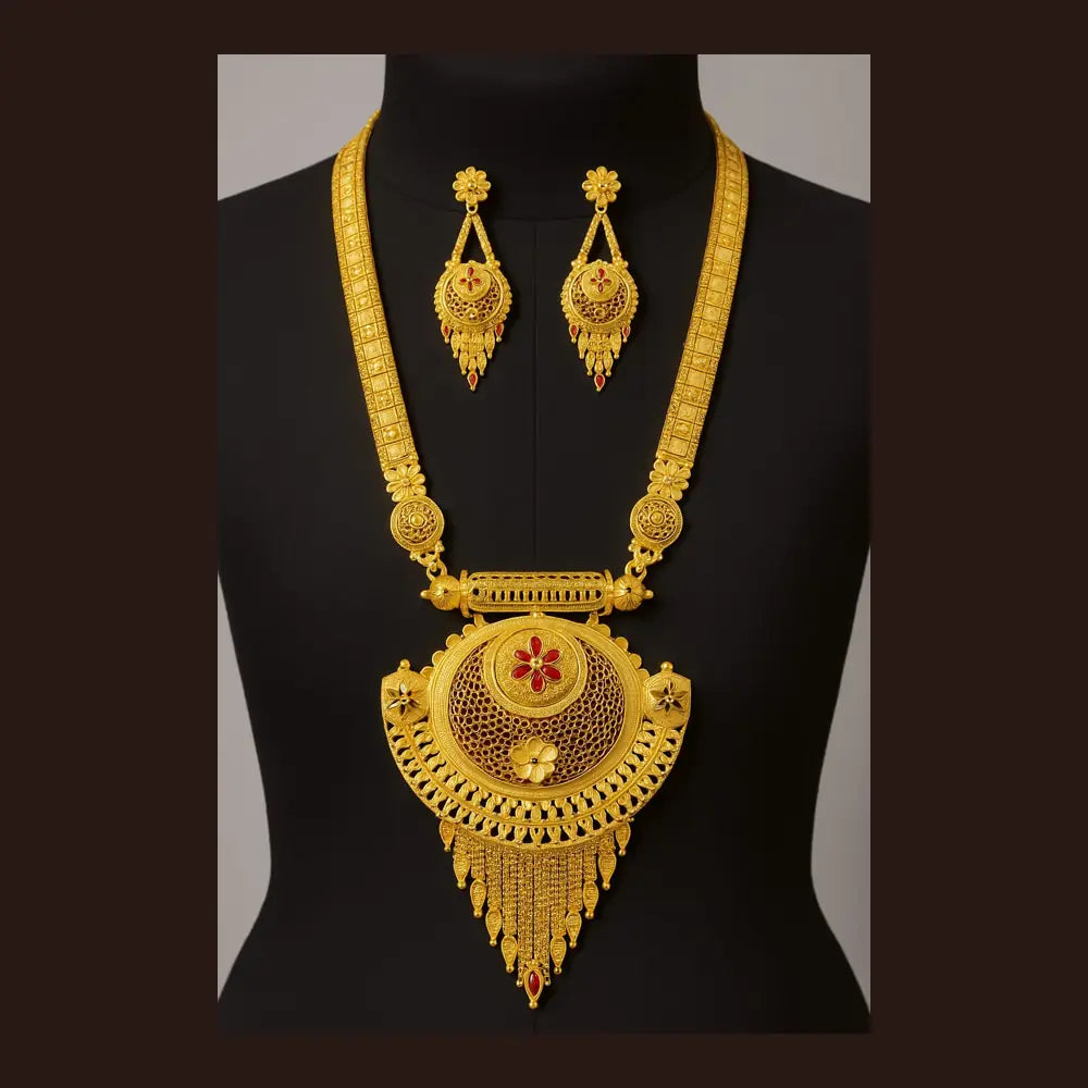 ZHome One Gram Premium Temple Long Necklace Set with Earrings – Gold Finish