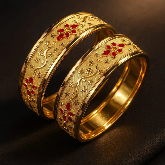 Bridal Onegram Gold Red Stone Engraved Kada/Chudi