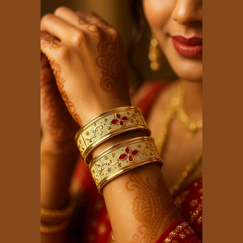 Bridal Onegram Gold Red Stone Engraved Kada/Chudi