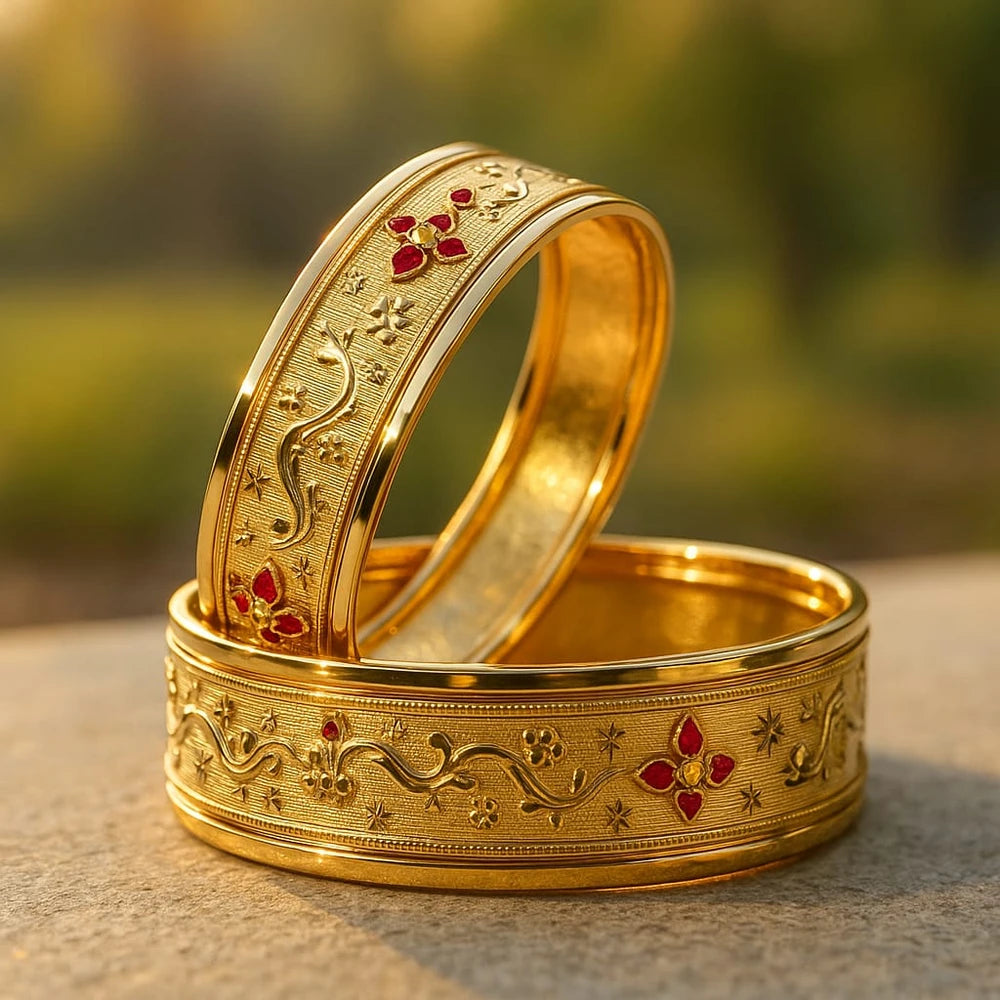 Bridal Onegram Gold Red Stone Engraved Kada/Chudi