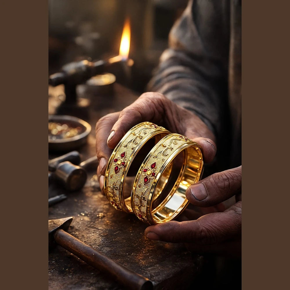 Bridal Onegram Gold Red Stone Engraved Kada/Chudi