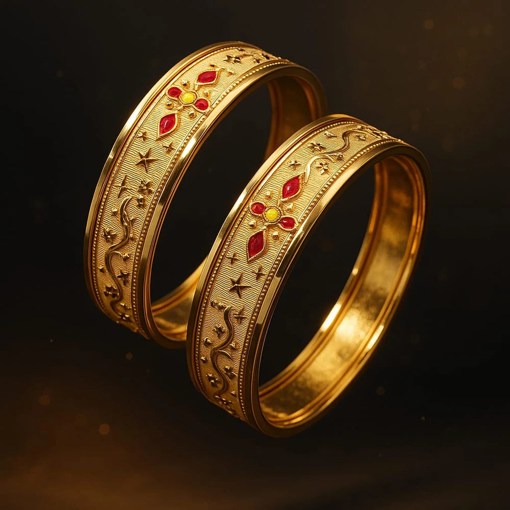 Bridal Onegram Gold Red Stone Engraved Kada/Chudi