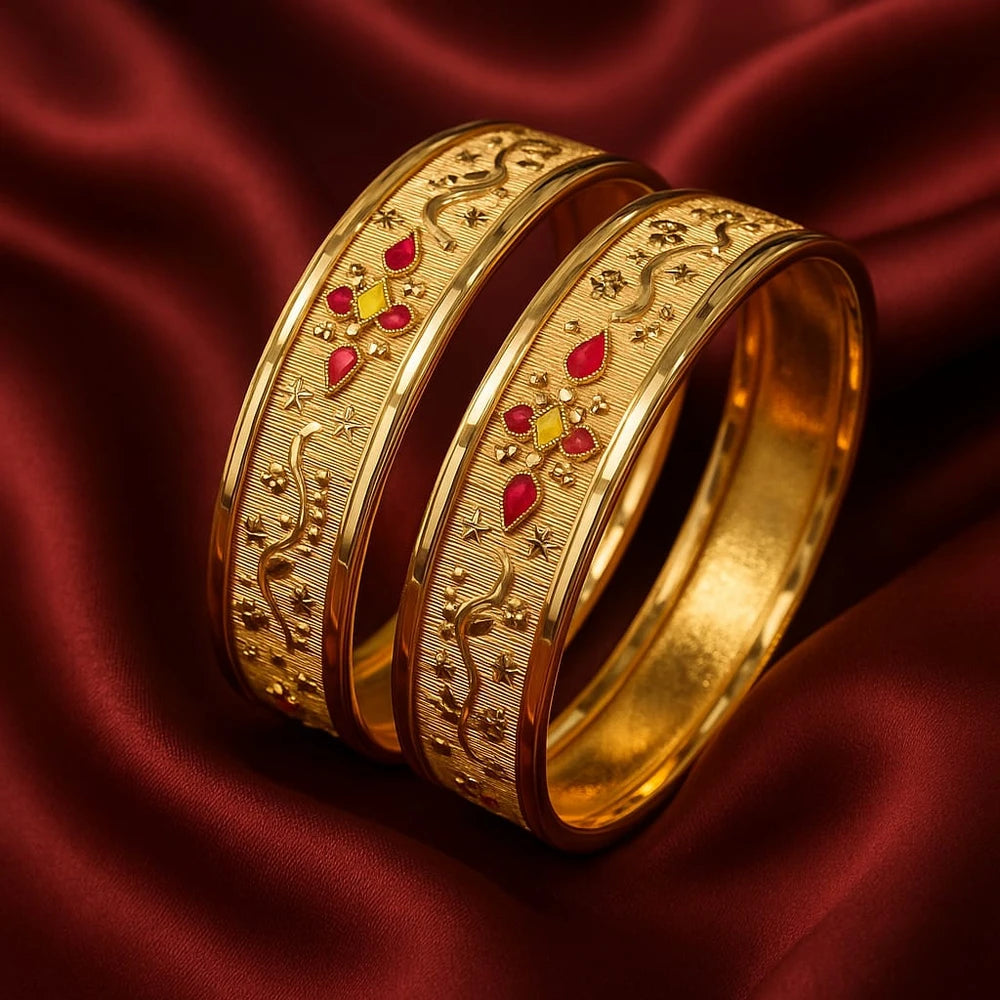 Bridal Onegram Gold Red Stone Engraved Kada/Chudi