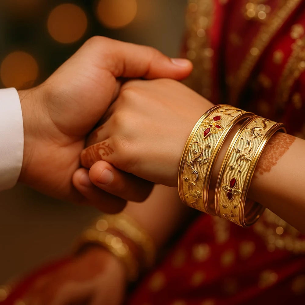 Bridal Onegram Gold Red Stone Engraved Kada/Chudi