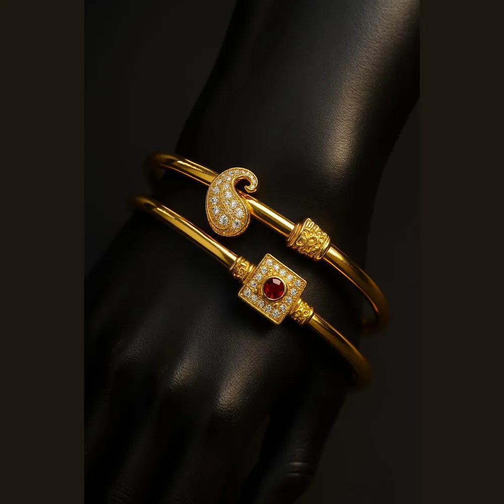 Royal Gold-Plated Stone & CZ Designer Openable Kada (Pack of 2 – Design as per Availability)