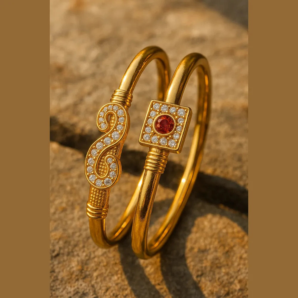 Royal Gold-Plated Stone & CZ Designer Openable Kada (Pack of 2 – Design as per Availability)