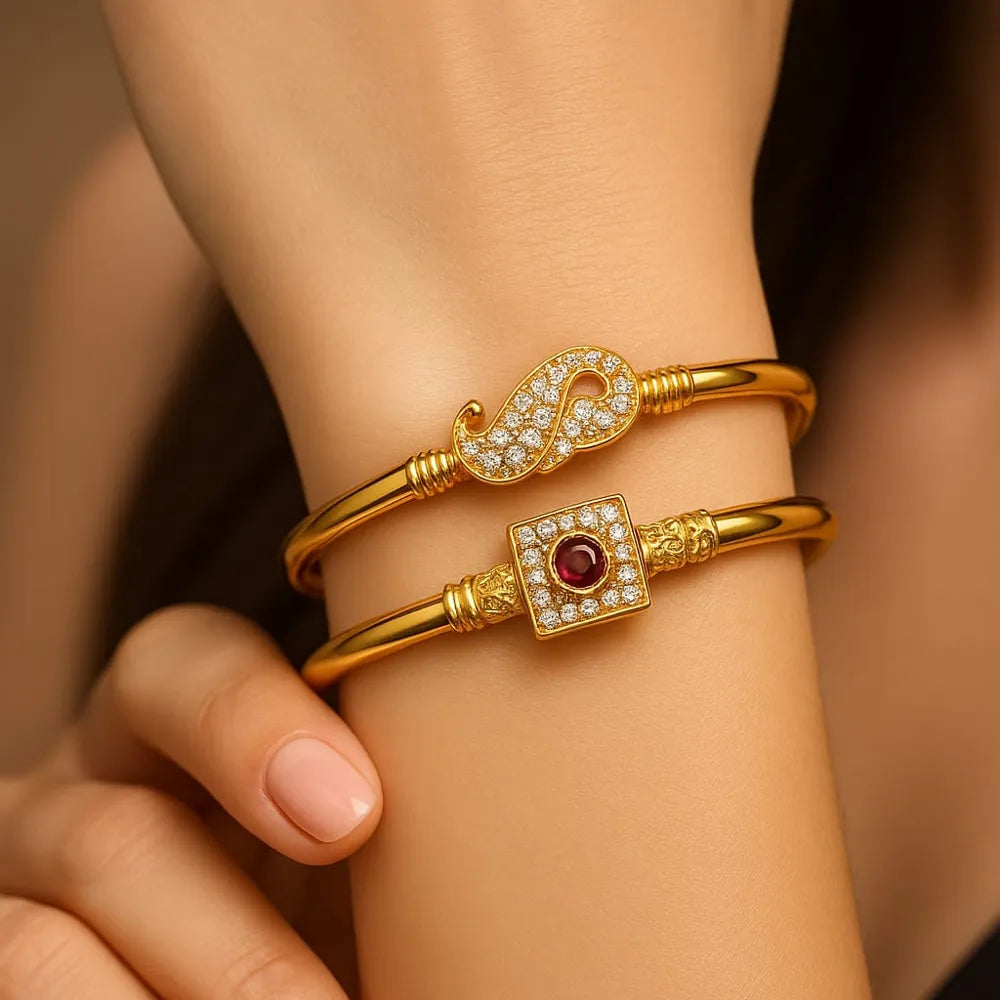 Royal Gold-Plated Stone & CZ Designer Openable Kada (Pack of 2 – Design as per Availability)