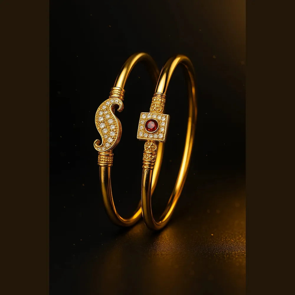 Royal Gold-Plated Stone & CZ Designer Openable Kada (Pack of 2 – Design as per Availability)