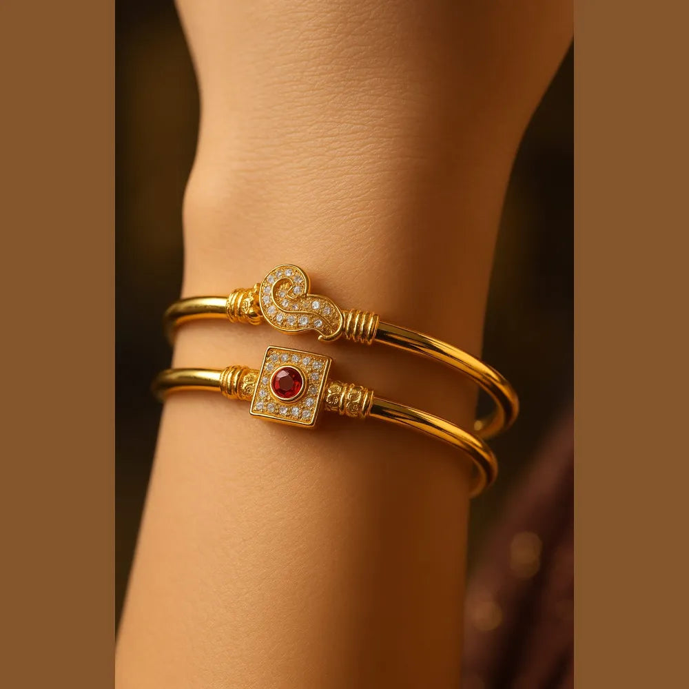Royal Gold-Plated Stone & CZ Designer Openable Kada (Pack of 2 – Design as per Availability)