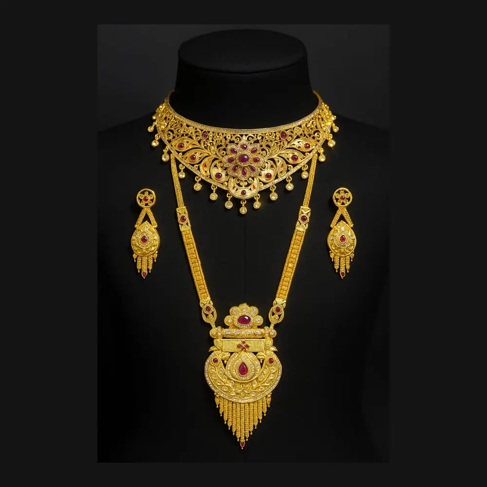 ZHome One Gram Premium Bridal Long & Short Necklace Combo – Temple Style Gold Finish