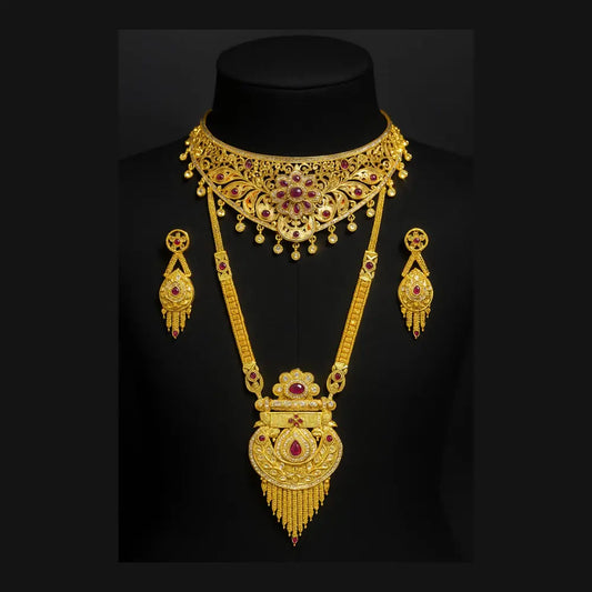 ZHome One Gram Premium Bridal Long & Short Necklace Combo – Temple Style Gold Finish