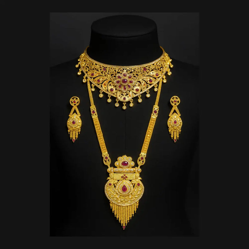 ZHome One Gram Premium Bridal Long & Short Necklace Combo – Temple Style Gold Finish