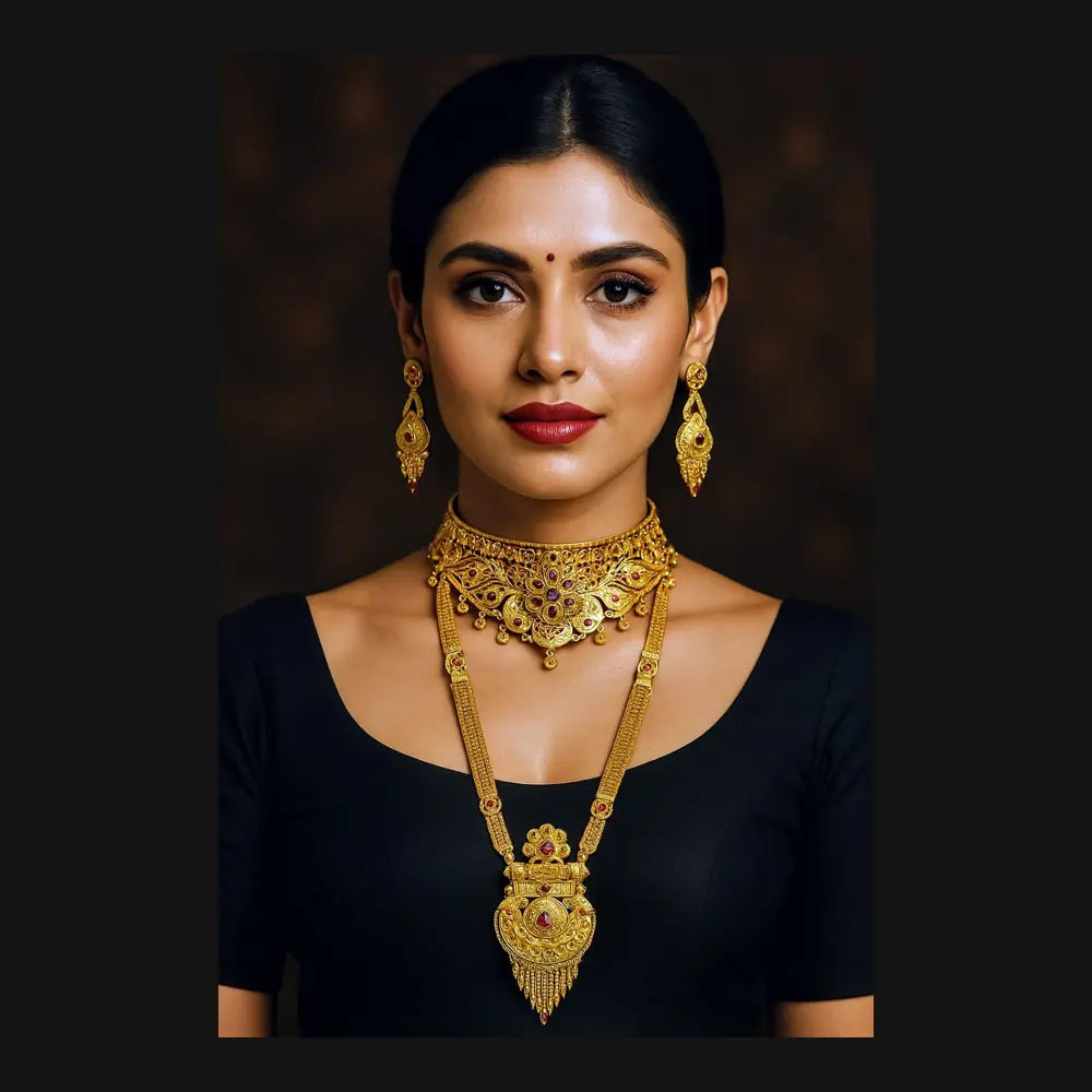 ZHome One Gram Premium Bridal Long & Short Necklace Combo – Temple Style Gold Finish