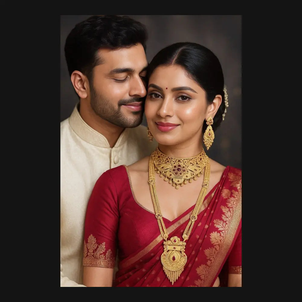 ZHome One Gram Premium Bridal Long & Short Necklace Combo – Temple Style Gold Finish