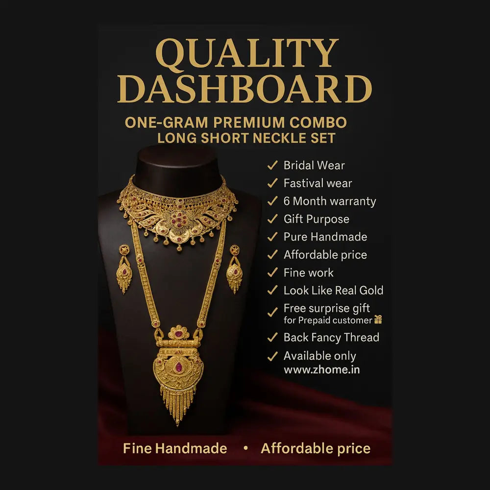 ZHome One Gram Premium Bridal Long & Short Necklace Combo – Temple Style Gold Finish