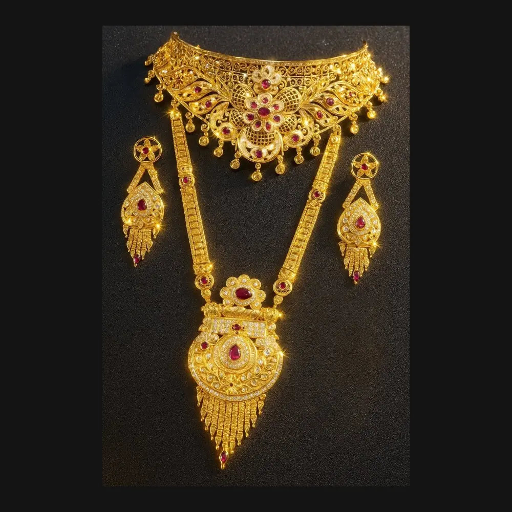 ZHome One Gram Premium Bridal Long & Short Necklace Combo – Temple Style Gold Finish