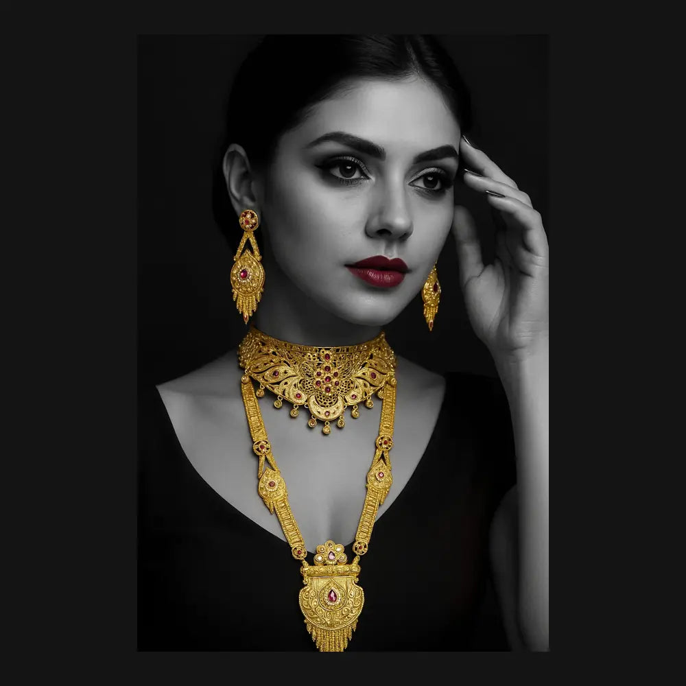 ZHome One Gram Premium Bridal Long & Short Necklace Combo – Temple Style Gold Finish