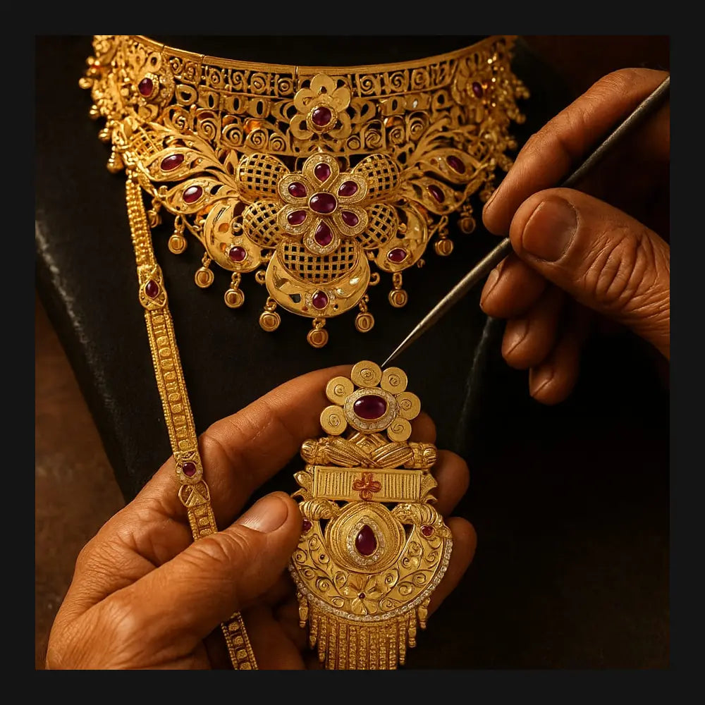 ZHome One Gram Premium Bridal Long & Short Necklace Combo – Temple Style Gold Finish