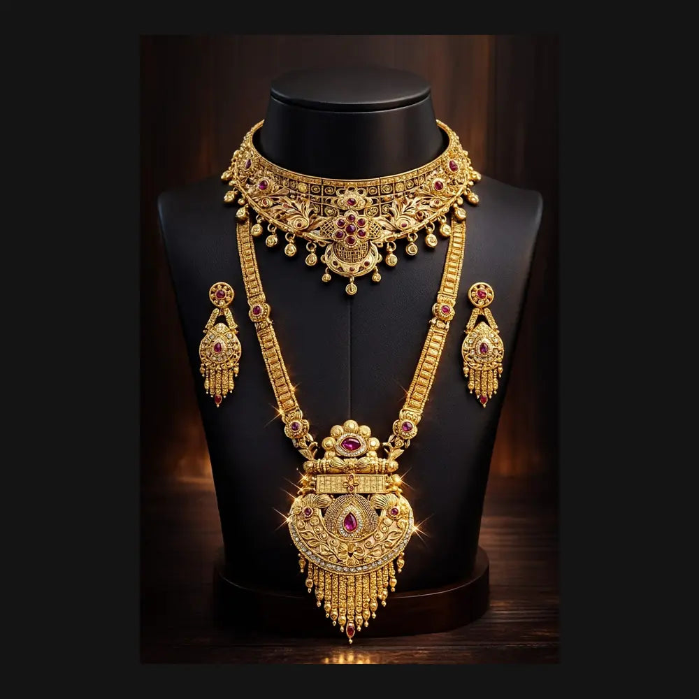 ZHome One Gram Premium Bridal Long & Short Necklace Combo – Temple Style Gold Finish