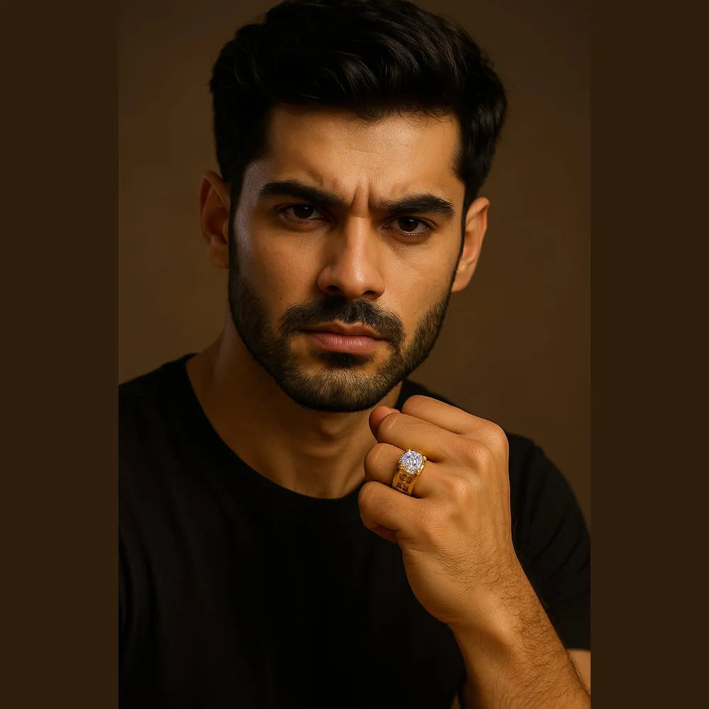 Men’s 88 Engraved Gold-Tone Solitaire Ring | Bold Statement Cubic Zirconia Ring