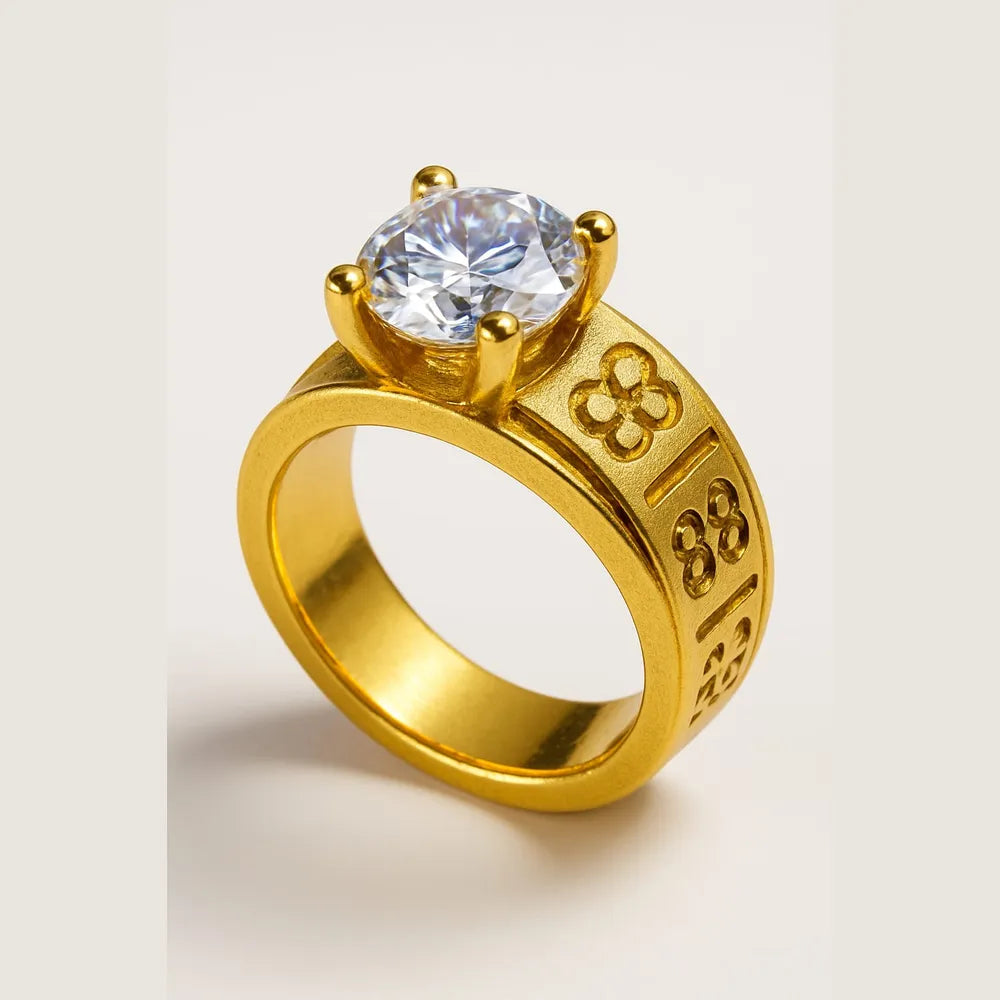 Men’s 88 Engraved Gold-Tone Solitaire Ring | Bold Statement Cubic Zirconia Ring