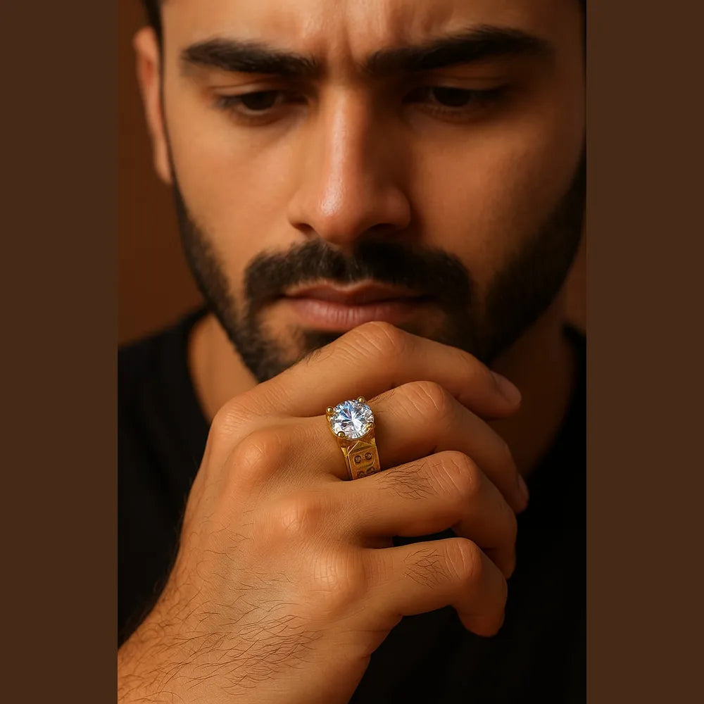 Men’s 88 Engraved Gold-Tone Solitaire Ring | Bold Statement Cubic Zirconia Ring