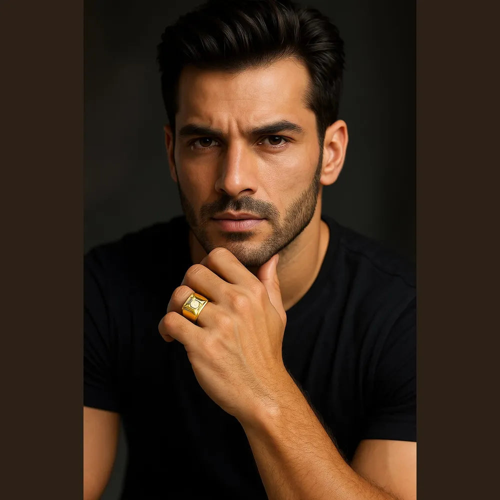 Men’s Geometric Gold-Tone Solitaire Ring | Bold Luxury Design