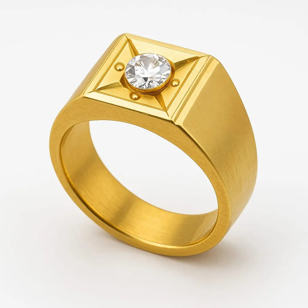 Men’s Geometric Gold-Tone Solitaire Ring | Bold Luxury Design
