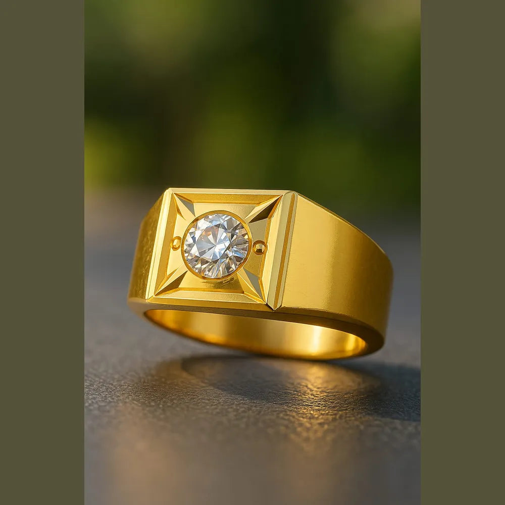 Men’s Geometric Gold-Tone Solitaire Ring | Bold Luxury Design