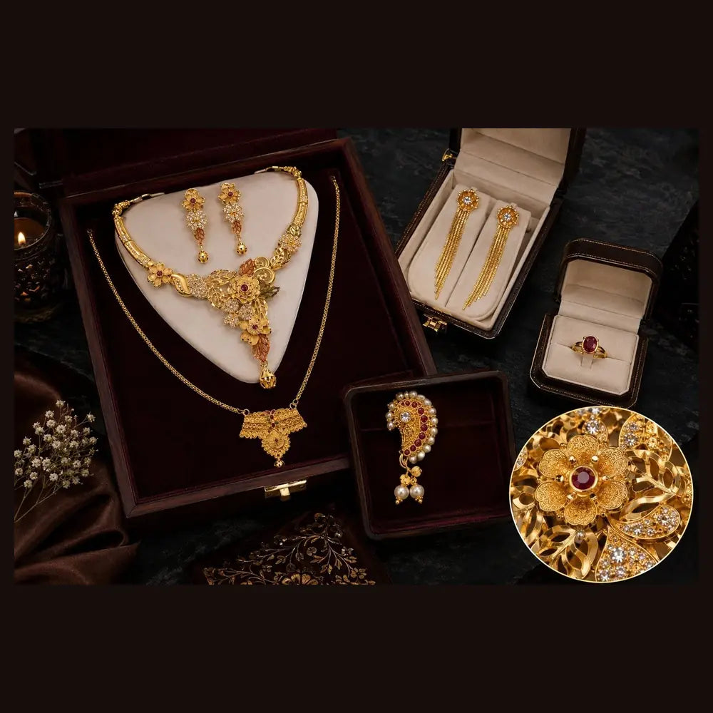Premium Gram Gold Plated Floral Bridal Jewellery Set with Long Necklace, Choker, Earrings, Long Tassel Earrings, Adjustable Ring & Designer Nose Pin for Women | Wedding & Party Wear | ZHome