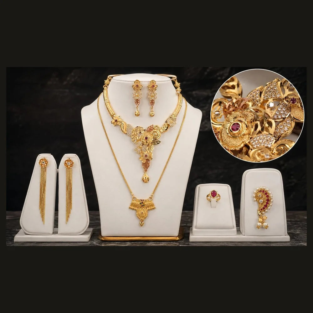 Premium Gram Gold Plated Floral Bridal Jewellery Set with Long Necklace, Choker, Earrings, Long Tassel Earrings, Adjustable Ring & Designer Nose Pin for Women | Wedding & Party Wear | ZHome