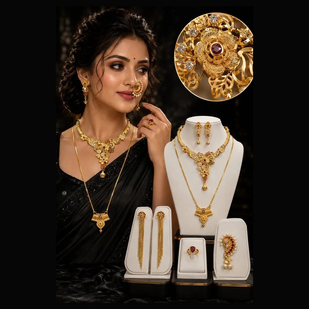 Premium Gram Gold Plated Floral Bridal Jewellery Set with Long Necklace, Choker, Earrings, Long Tassel Earrings, Adjustable Ring & Designer Nose Pin for Women | Wedding & Party Wear | ZHome